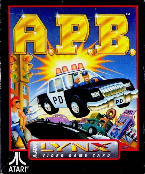 Frontal de la capsa nord-americana d’A.P.B. per a Atari Lynx, amb un cotxe policial i el títol daurat.