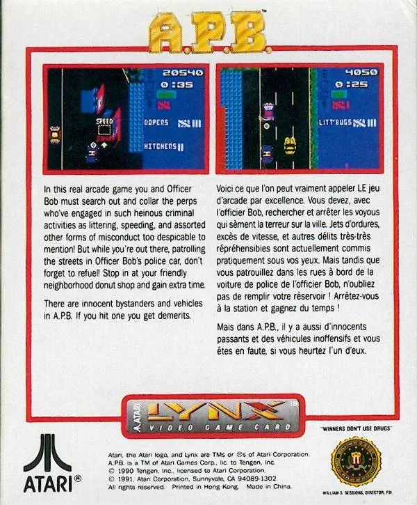 Revers de la capsa nord-americana d’A.P.B. per a Atari Lynx, amb dues captures i textos en anglès i francès.