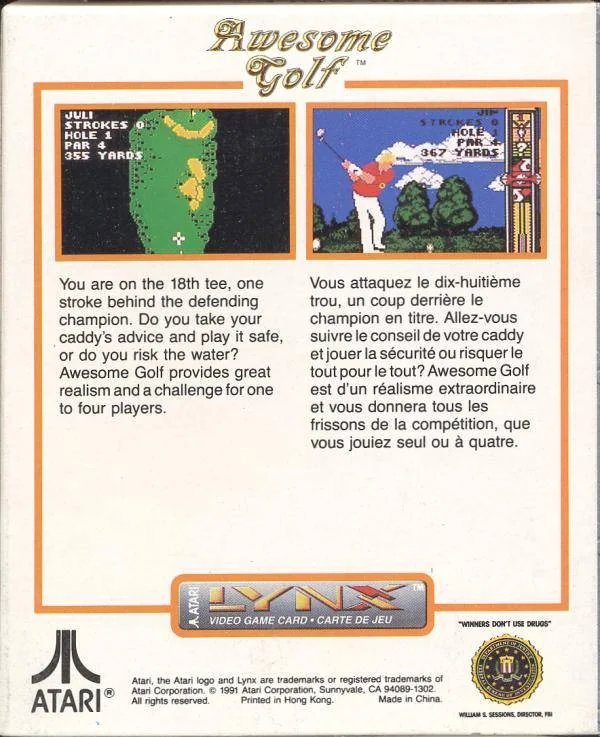 Revers de la capsa nord-americana d’Awesome Golf per a l’Atari Lynx, amb dues captures i textos en anglès i francès.