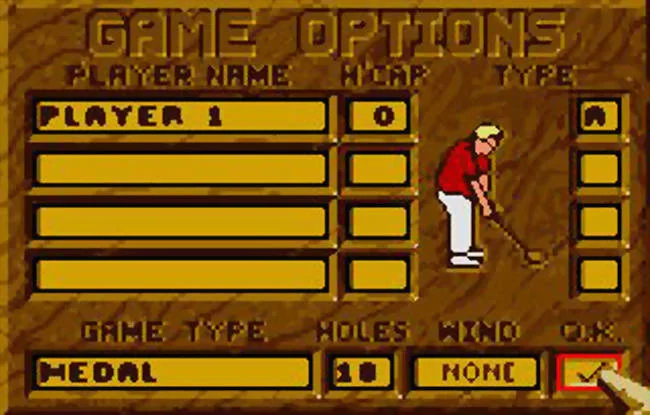Menú Game Options amb quatre files de participants i caselles de hàndicap, tipus de jugador, modalitat, forats i vent.
