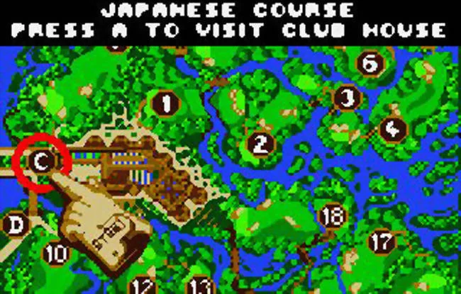 Mapa del camp japonès amb cursos d’aigua, forats numerats, la casa club marcada amb una C i la zona Driving amb una D.