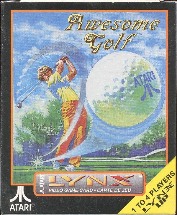 Portada nord-americana d’Awesome Golf per a l’Atari Lynx, amb un golfista i una pilota gegant amb el logotip d’Atari.