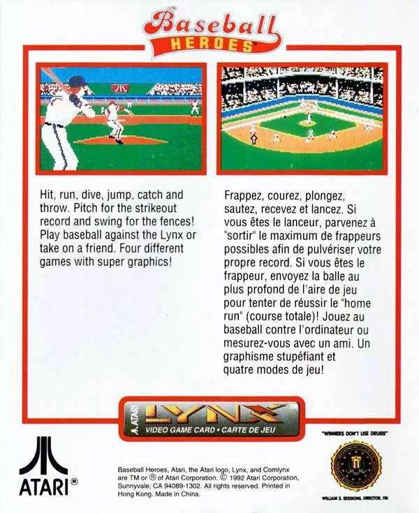 Contraportada nord-americana de Baseball Heroes per a Atari Lynx, amb dues captures i textos anglesos i francesos.