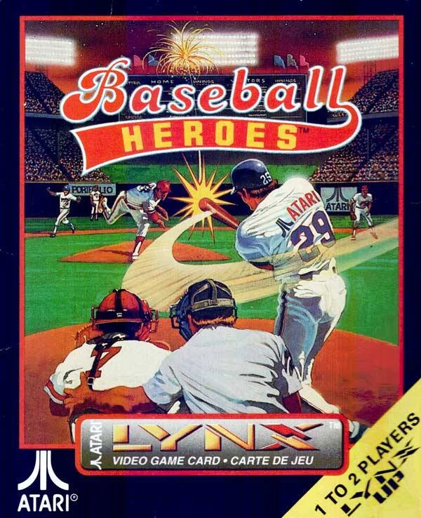 Portada nord-americana de Baseball Heroes per a Atari Lynx, amb un batedor, un receptor i un àrbitre.