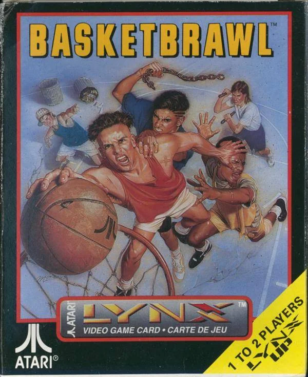 Frontal de la caixa nord-americana de Basketbrawl per a Atari Lynx, amb un jugador que avança amb la pilota entre agressions.