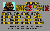 Fitxa de selecció de Bubba amb retrat, quatre atributs i una breu descripció del personatge.