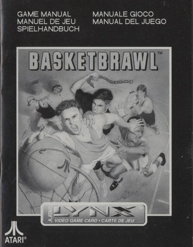 Portada del manual de Basketbrawl per a Atari Lynx amb la il·lustració de la caixa en blanc i negre.