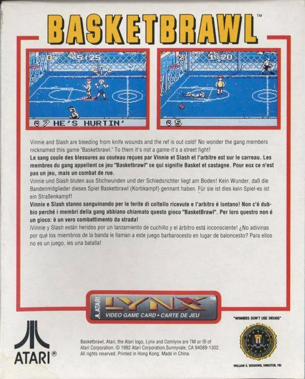 Revers de la caixa nord-americana de Basketbrawl per a Atari Lynx, amb dues captures i textos en diverses llengües.