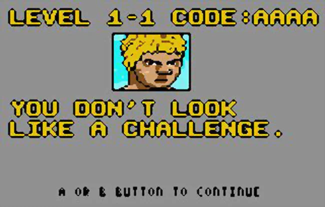 Pantalla prèvia amb LEVEL 1-1, CODE:AAAA, el retrat del rival i una provocació.
