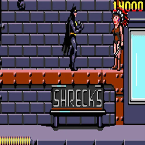 Batman i un adversari sobre una cornisa situada damunt del rètol SHRECK’S.
