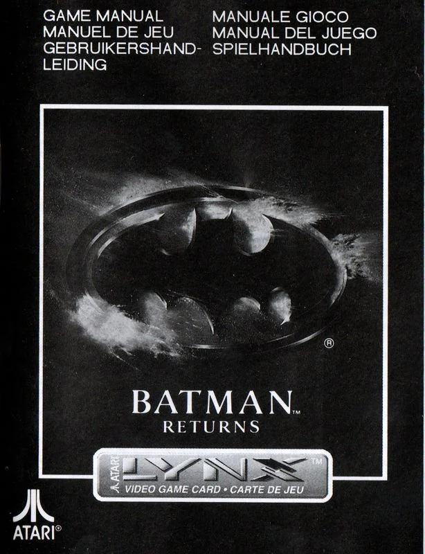 Portada del manual de Batman Returns per a Atari Lynx, amb l’emblema del ratpenat i encapçalaments en sis idiomes.