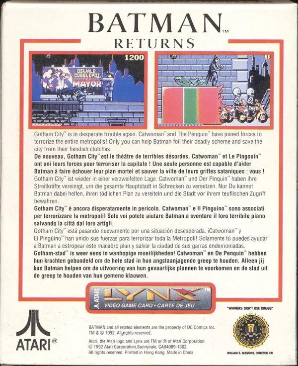 Revers de la capsa US de Batman Returns per a Atari Lynx, amb dues captures i textos en diversos idiomes.