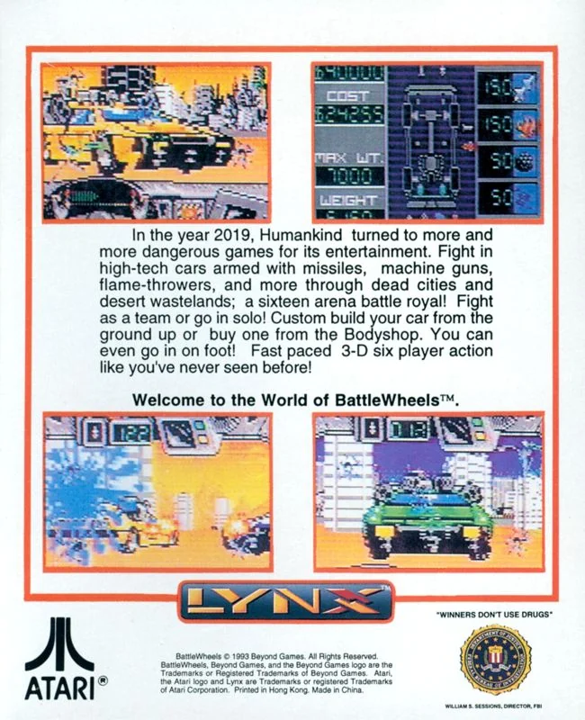 Contraportada nord-americana de BattleWheels per a l’Atari Lynx, amb quatre captures i text en anglès.
