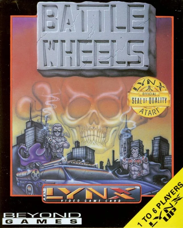Portada nord-americana de BattleWheels per a l’Atari Lynx, amb un vehicle armat, dos personatges i una gran calavera.