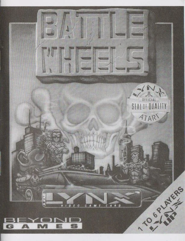 Portada en blanc i negre del manual de BattleWheels, amb una calavera, una ciutat i un vehicle armat.