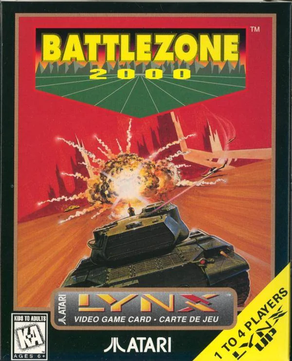 Frontal de la capsa nord-americana de Battlezone 2000 per a Atari Lynx, amb un tanc davant d’una explosió.