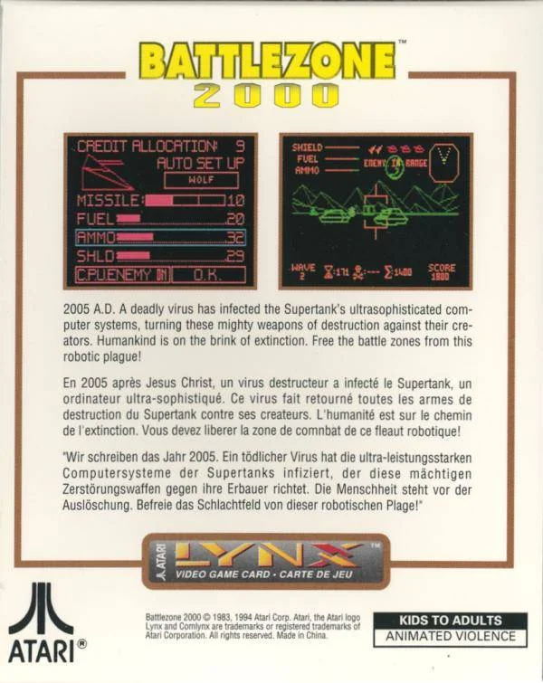 Revers de la capsa nord-americana de Battlezone 2000 per a Atari Lynx, amb captures de configuració i combat.