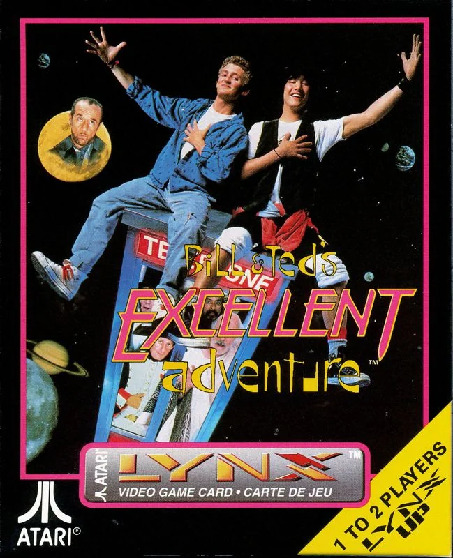 Frontal de la caixa nord-americana de Bill & Ted's Excellent Adventure per a l’Atari Lynx, amb els protagonistes damunt la cabina.