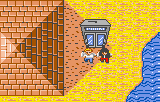 Bill i Ted al costat de la cabina telefònica, entre un edifici de maons i una riba.