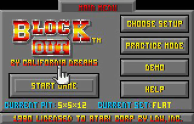 Menú de Lynx amb Start Game, Choose Setup, Practice Mode, Demo i Help, més les mencions de California Dreams i LDW.