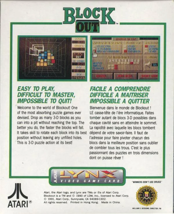 Revers de la capsa nord-americana de Blockout per a Atari Lynx, amb dues captures i textos en anglès i francès.