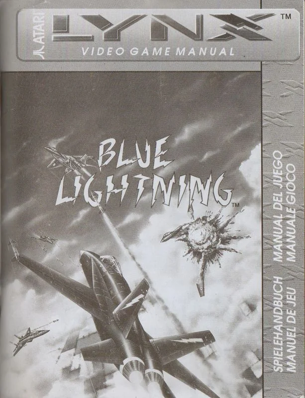 Portada monocroma del manual europeu de Blue Lightning, amb avions i indicacions en diverses llengües.
