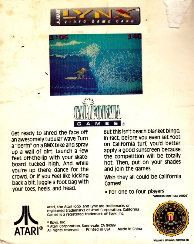 Revers de la capsa nord-americana de California Games per a Atari Lynx, amb una captura de surf i text comercial.
