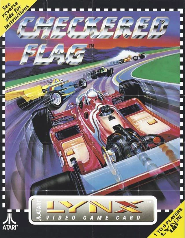 Portada nord-americana de Checkered Flag per a l’Atari Lynx, amb un monoplaça vermell en primer terme i altres cotxes en un revolt.