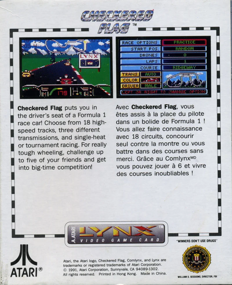 Contraportada nord-americana de Checkered Flag per a l’Atari Lynx, amb dues captures i textos en anglès i francès.