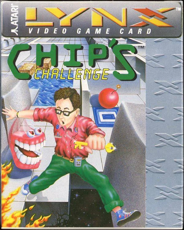 Portada nord-americana de Chip's Challenge per a l’Atari Lynx: Chip sosté una clau entre foc, aigua, una bomba i unes mandíbules.