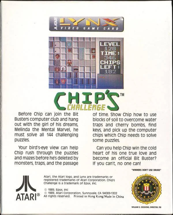 Contraportada nord-americana de Chip's Challenge per a Atari Lynx, amb una captura i la descripció dels reptes.