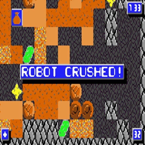 Missatge ROBOT CRUSHED! sobre una mina amb terra, roques i cristalls.