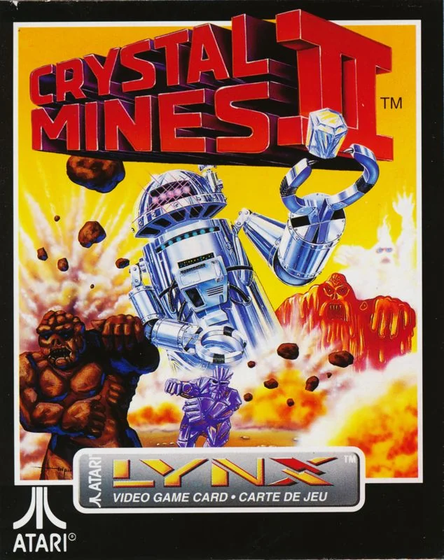Frontal nord-americà de Crystal Mines II per a Atari Lynx, amb un robot sostenint un cristall i criatures rocoses.