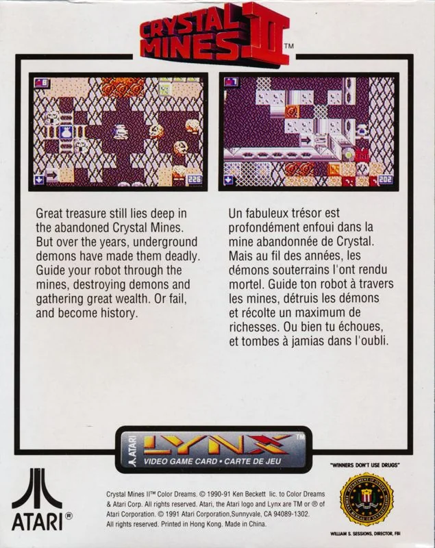 Contraportada nord-americana de Crystal Mines II per a Atari Lynx, amb dues captures i textos en anglès i francès.