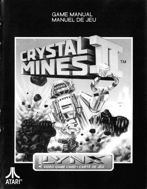 Portada del manual de Crystal Mines II per a Lynx, amb el robot i un cristall en blanc i negre.