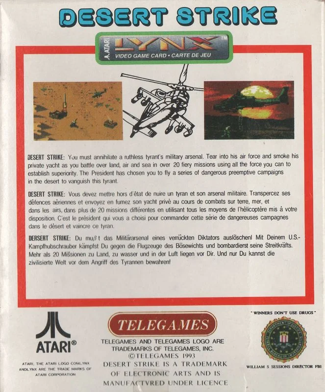 Contracoberta britànica de Desert Strike per a Atari Lynx, amb textos en anglès, francès i alemany.