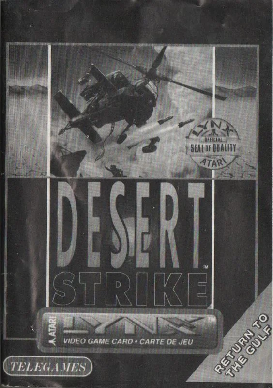 Portada del manual de Desert Strike per a Atari Lynx, impresa en blanc i negre amb l’helicòpter de la capsa.