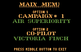 Menú principal amb Air Superiority com a campanya i Victoria Finch com a copilot seleccionat.
