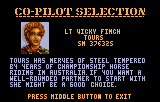 Fitxa de selecció de la copilot Victoria Finch, amb retrat, historial i valoració de les seves habilitats.