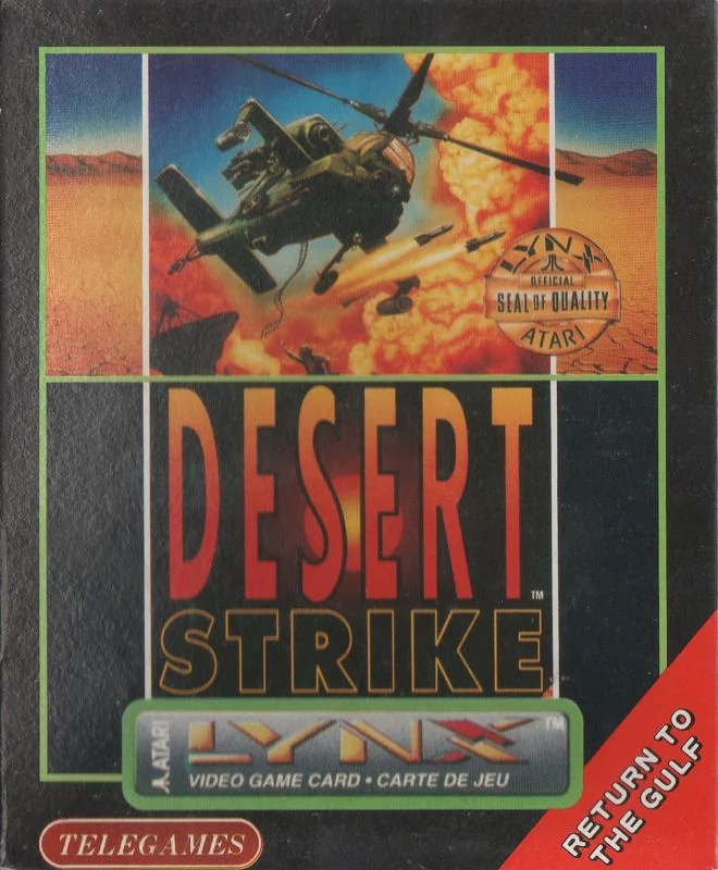 Frontal britànic de Desert Strike: Return to the Gulf per a l’Atari Lynx, amb un helicòpter davant d’una explosió.