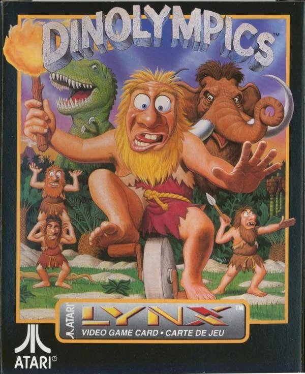 Portada de Dinolympics per a Atari Lynx amb un cavernícola damunt d’una roda, una torxa, un dinosaure i un mamut.