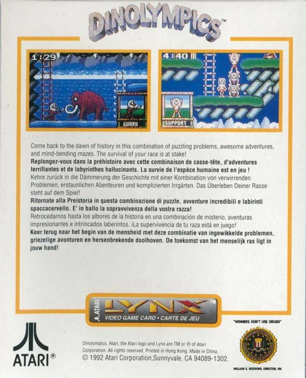 Contraportada de Dinolympics per a Atari Lynx amb dues escenes de joc i textos en sis llengües.