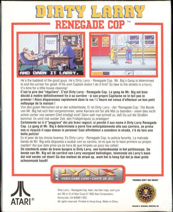 Revers de la capsa nord-americana de Dirty Larry: Renegade Cop per a Atari Lynx, amb captures i textos multilingües.