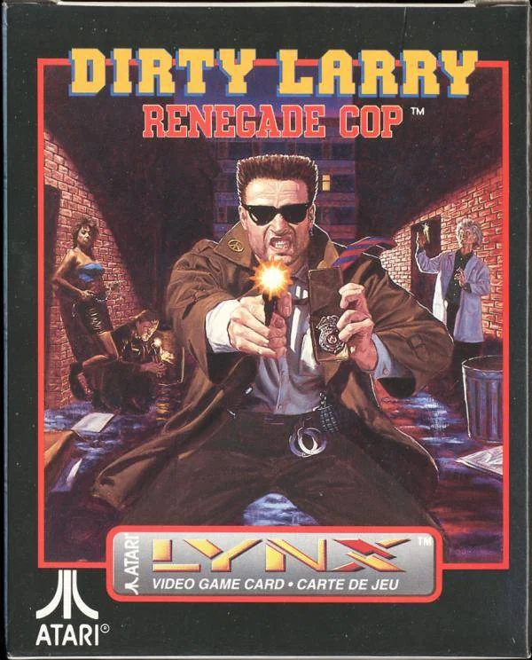 Frontal de la capsa nord-americana de Dirty Larry: Renegade Cop per a Atari Lynx, amb Larry disparant i mostrant la placa.
