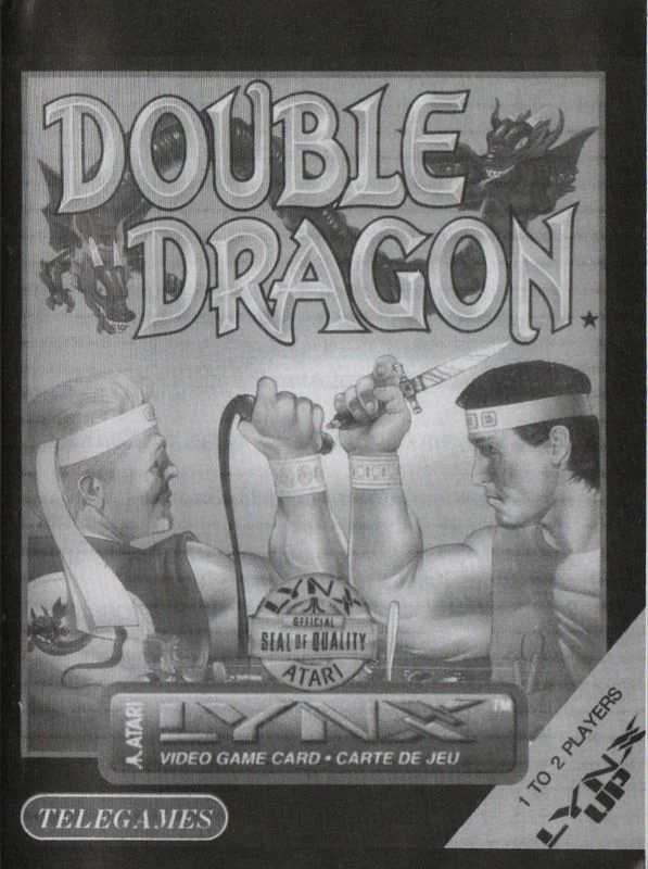 Coberta en blanc i negre del manual de Double Dragon per a Lynx, amb els dos lluitadors i el logotip de Telegames.