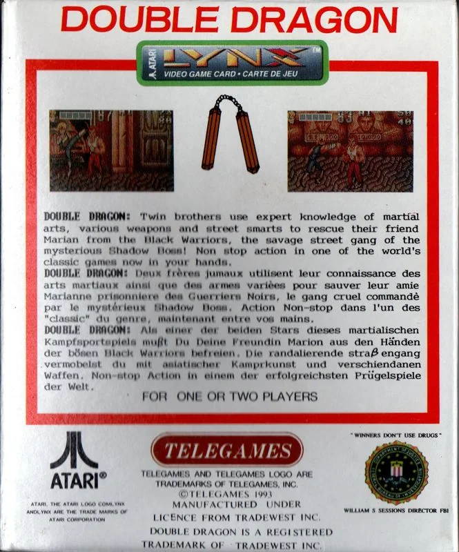 Revers de la capsa europea de Double Dragon per a Atari Lynx, amb dues captures i textos en tres llengües.