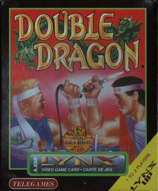 Frontal de la capsa europea de Double Dragon per a Atari Lynx, amb dos lluitadors, dracs i el logotip de Telegames.