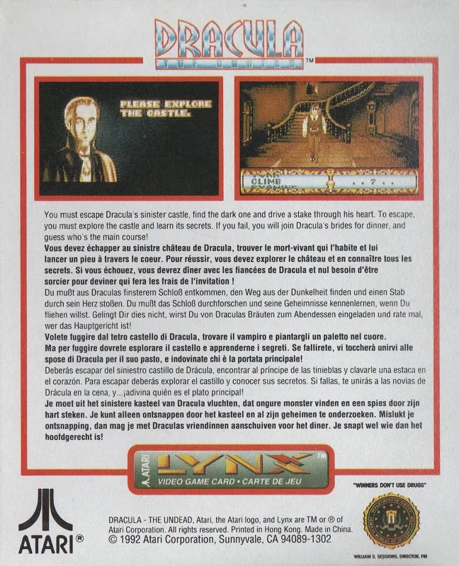Revers de la capsa europea multilingüe de Dracula: The Undead per a Atari Lynx, amb dues captures de pantalla.
