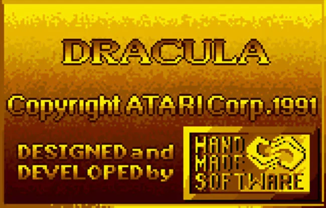 Pantalla inicial amb el títol Dracula, l’avís de drets d’autor d’Atari datat el 1991 i el logotip de Hand Made Software.