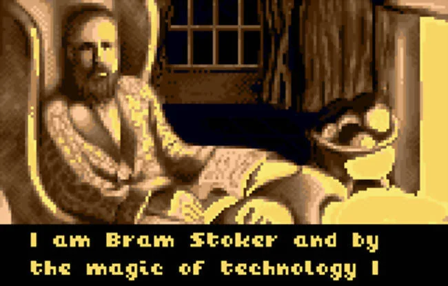 Bram Stoker assegut davant d’un llibre obert, amb un text inferior on es presenta pel nom.